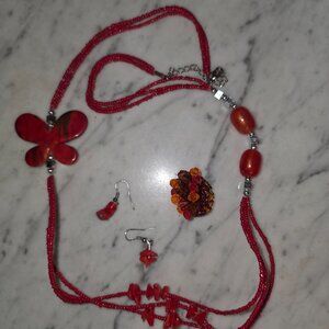 Boho Red Beaded Necklace Set Butterfly Pendant + Earrings + Stretch Ring